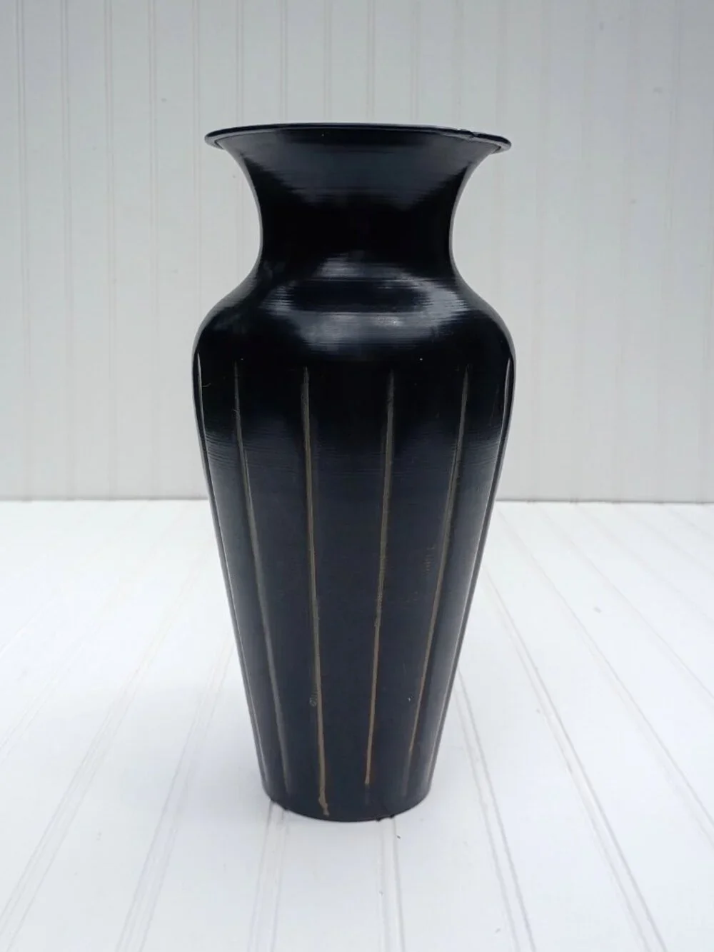 Ribbed Metal Vase Black Distressed Fluted Design 12.5